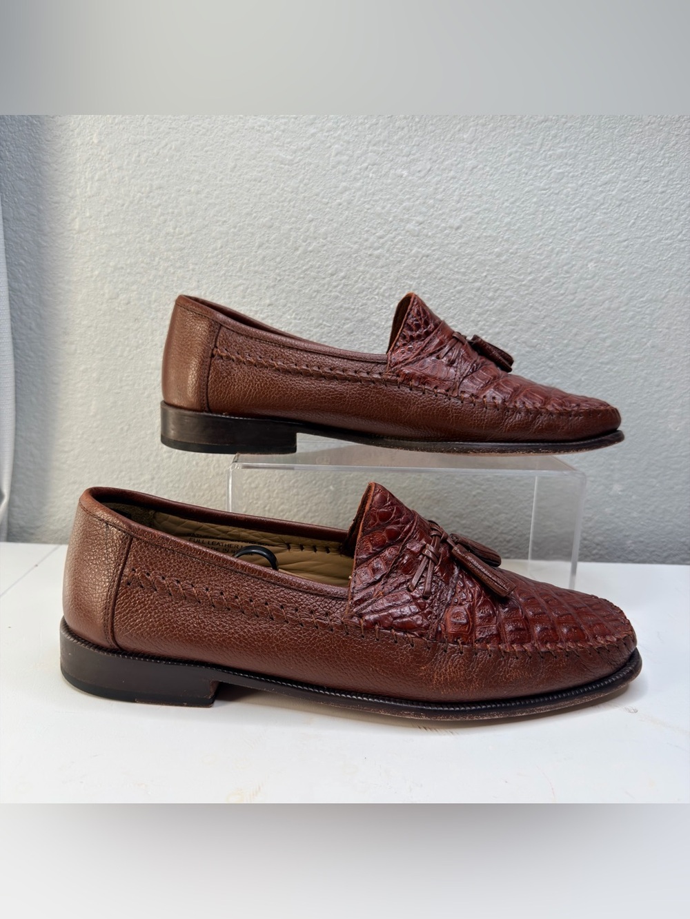 BRASS BOOT Genuine Caiman Alligator Cognac Leather Tassel Loafers Sz. 12M